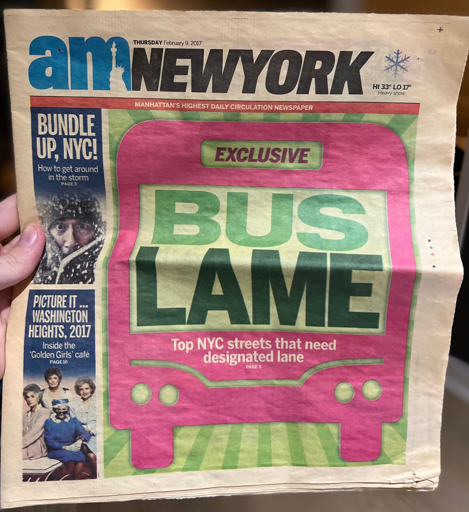 A photo of an old AM New York paper Newspaper titled "EXCLUSIVE BUS LAME"